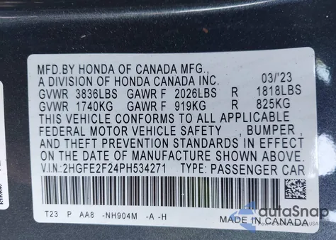 2023 Honda Civic Lx from USA, damaged, VIN 2HGFE2F24PH534271